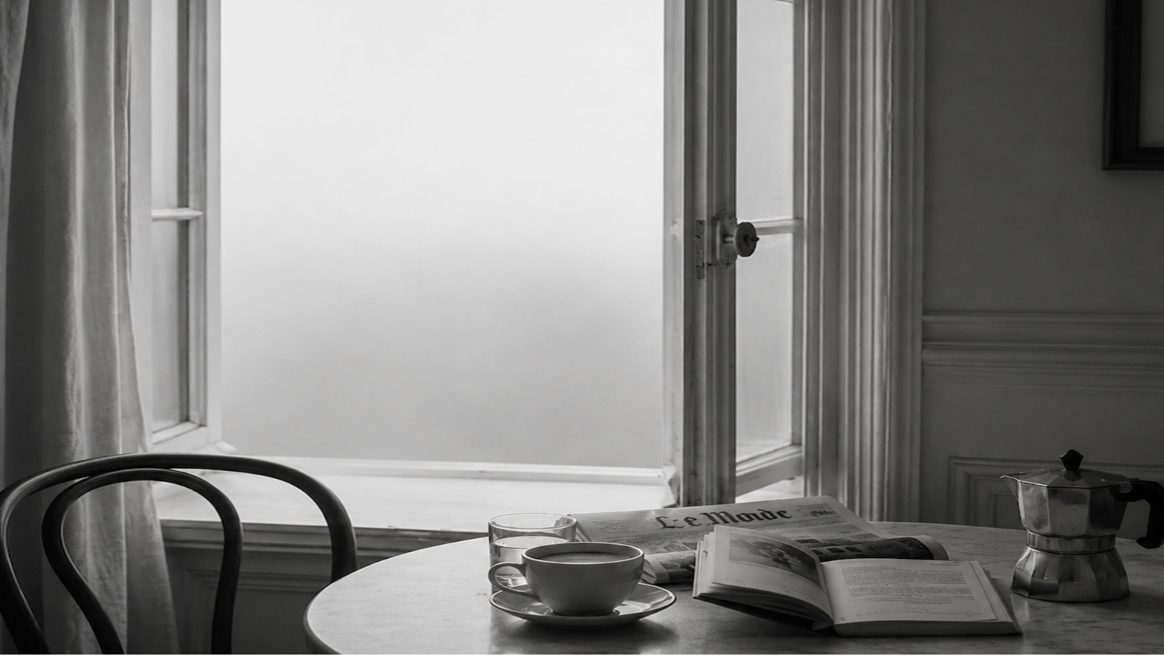 Quiet interior with coffee, open window, newspaper, and soft morning light in grayscale tones